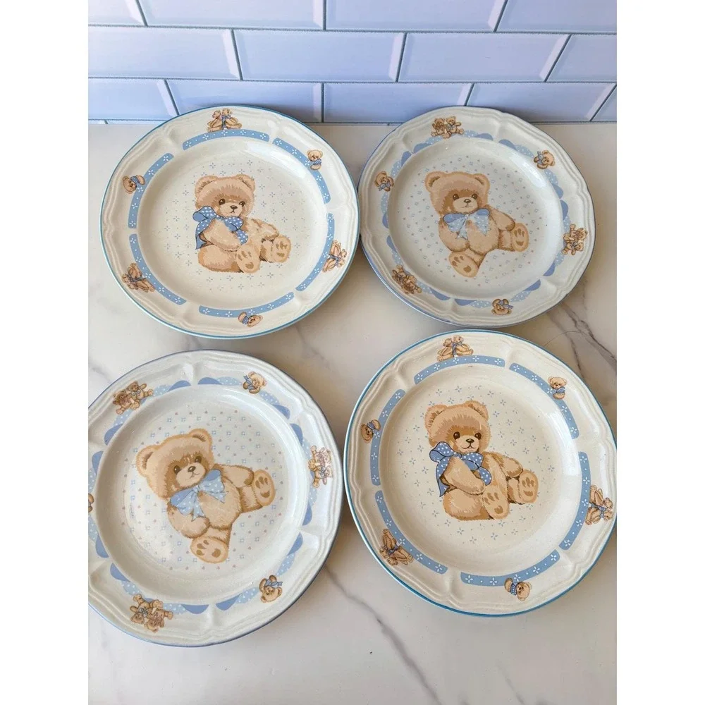 Vtg Tienshan Country Teddy Bear Ceramic Plates Set of 7‎ Blue Bow Stoneware